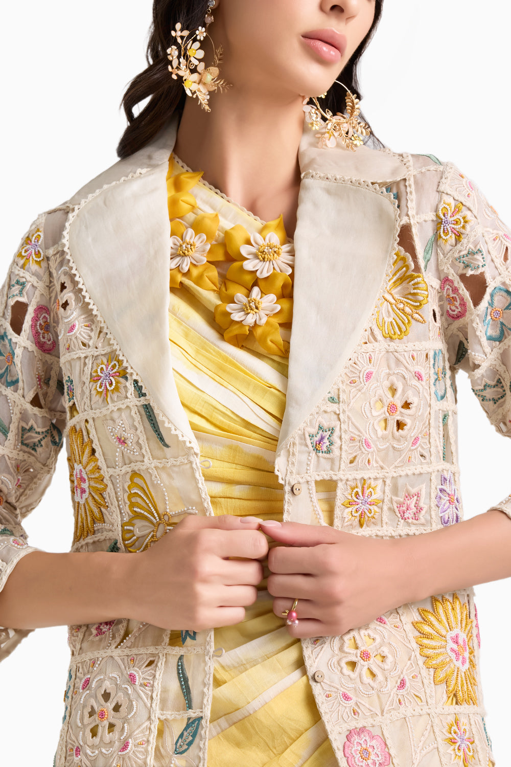 Ivory Floral Checkered Long Jacket