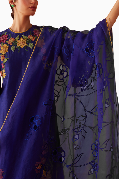 Cobalt Blue Applique And Beadwork Kurta with Pants and Dupatta