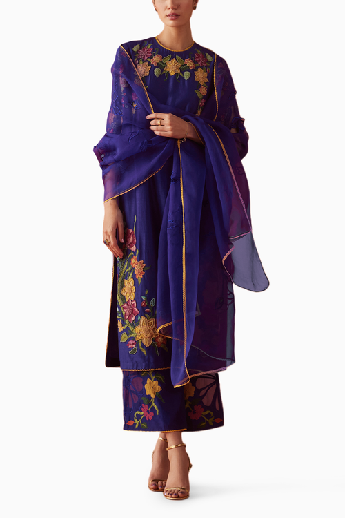 Cobalt Blue Applique And Beadwork Kurta with Pants and Dupatta