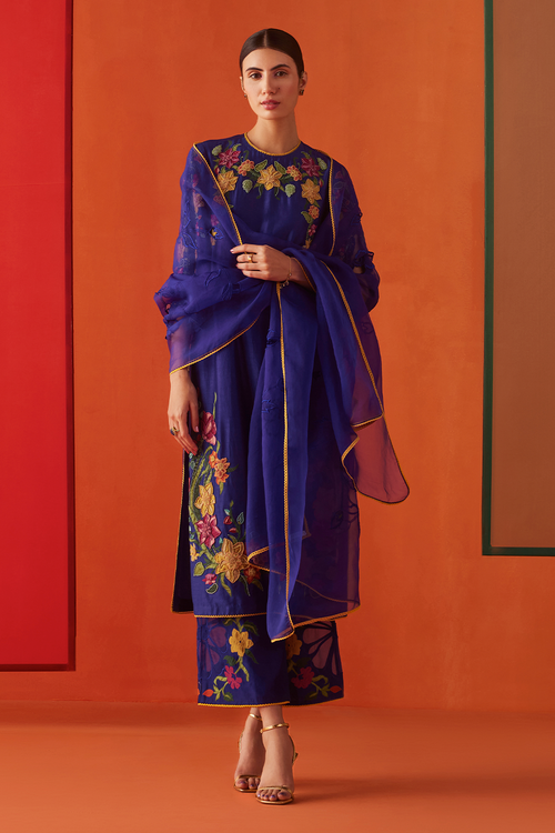 Cobalt Blue Applique And Beadwork Kurta with Pants and Dupatta