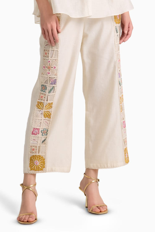 Ivory Checkered Embroidered Pants