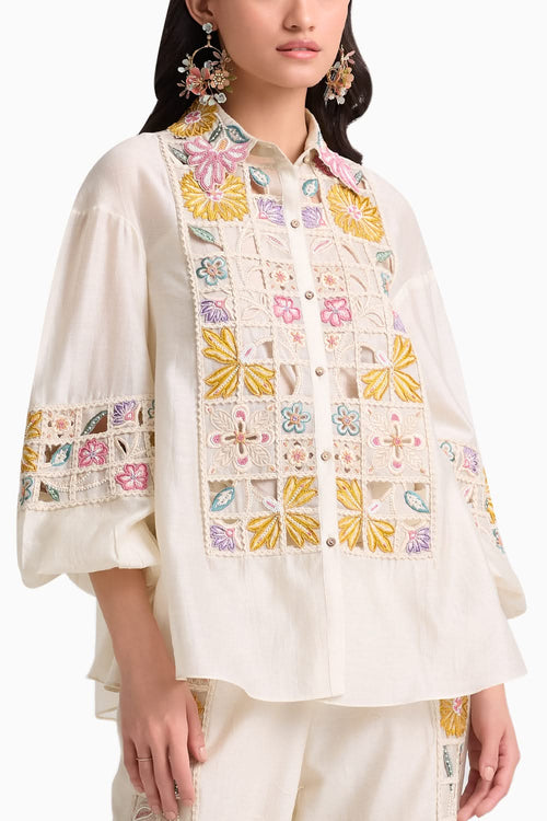 Ivory Checkered Yoke Detail Shirt