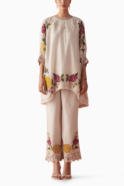Ivory Floral Applique Tunic With Pants