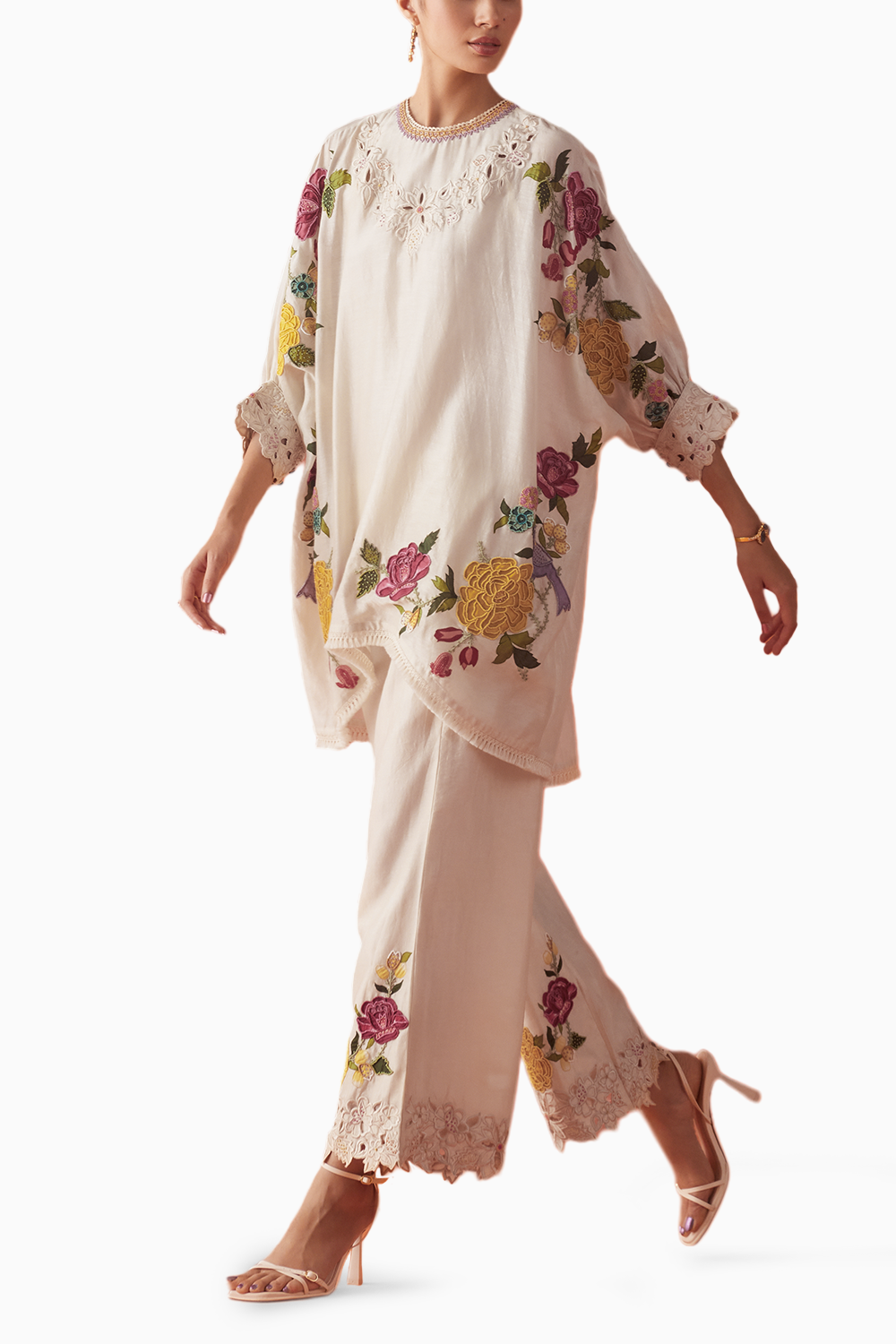 Ivory Floral Applique Tunic With Pants