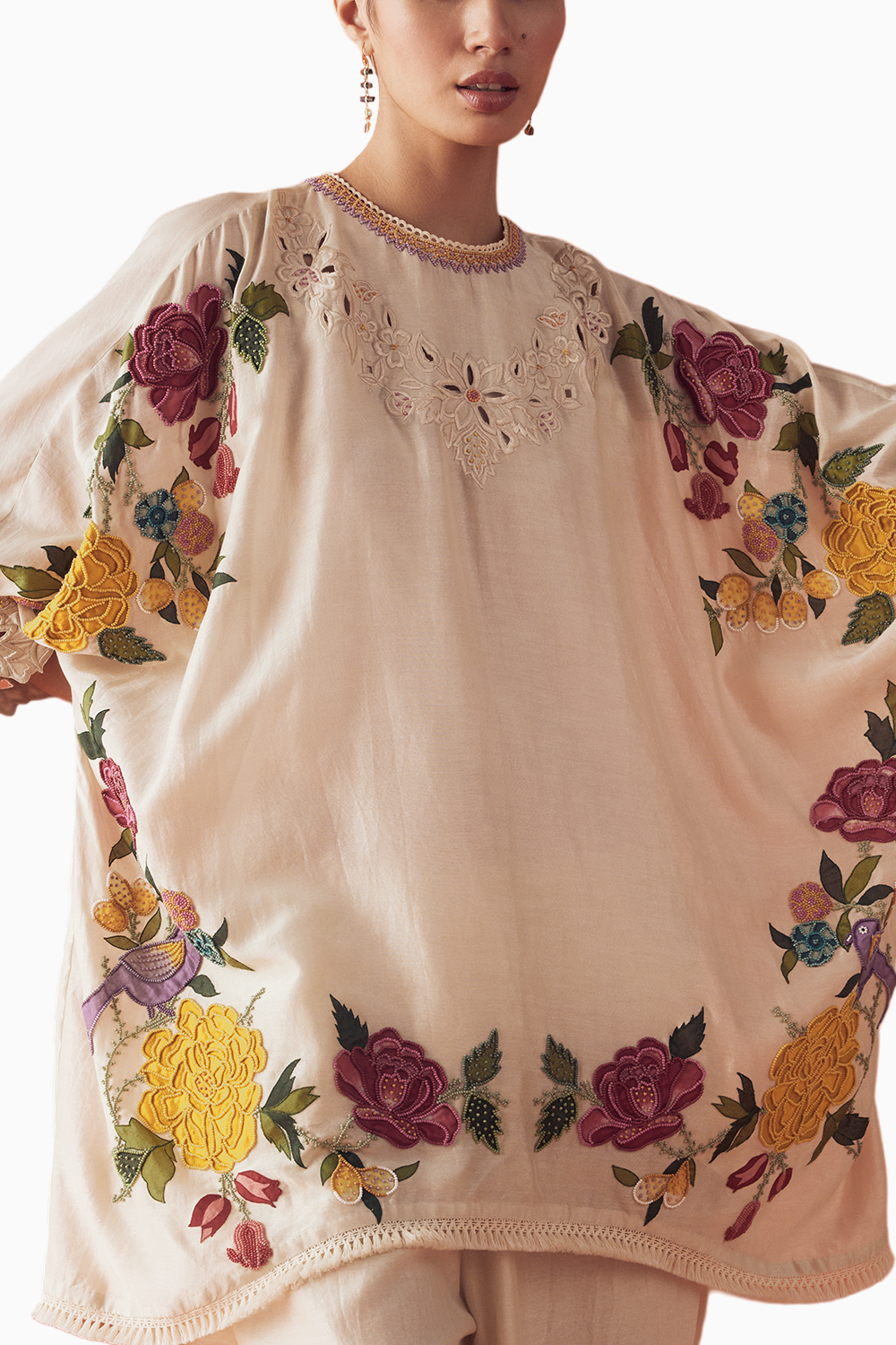 Ivory Floral Applique Tunic With Pants