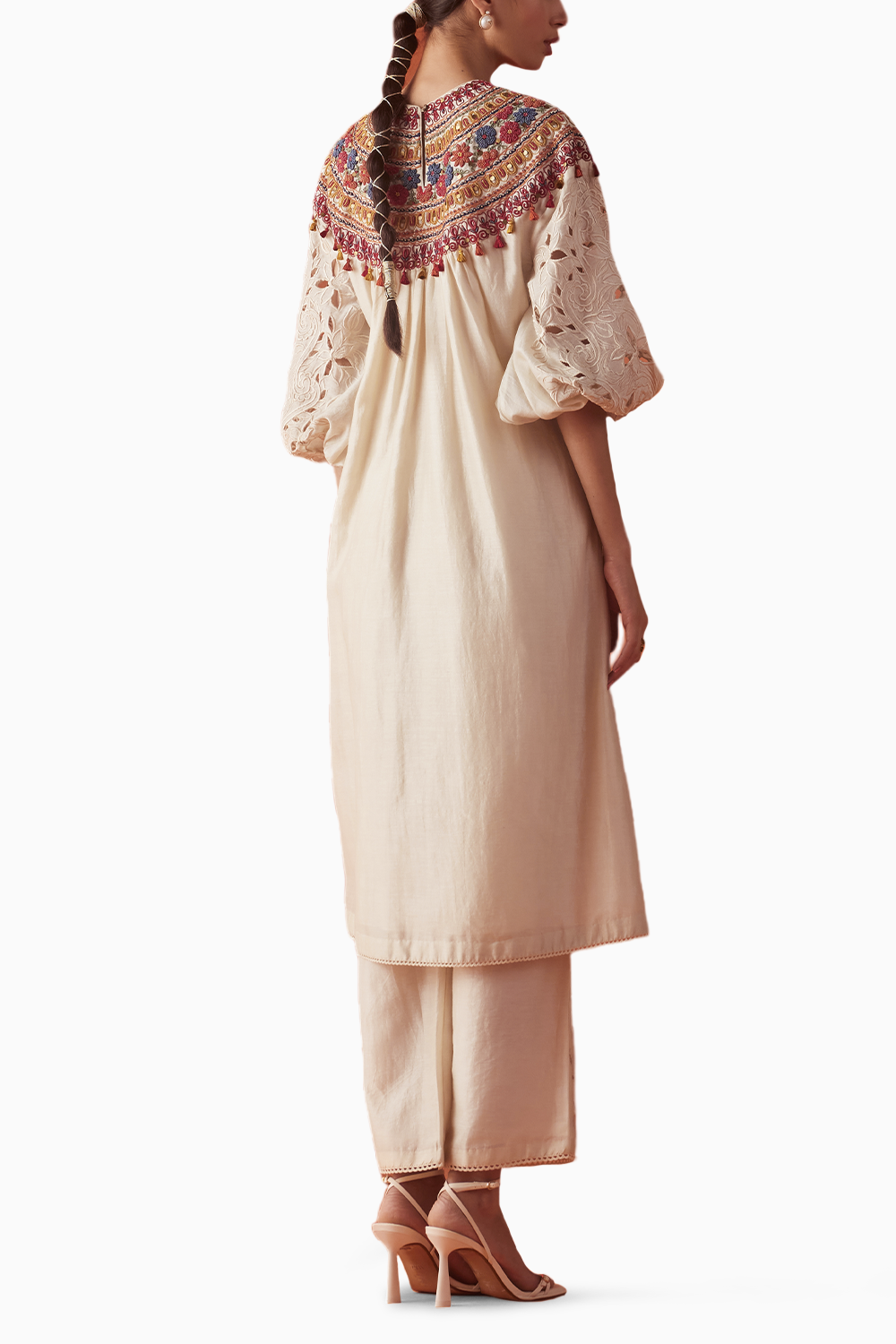 Ivory Embroidered Yoke Detail Kurta With Sheer Cutwork Pants