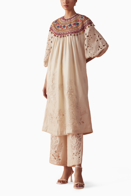 Ivory Embroidered Yoke Detail Kurta With Sheer Cutwork Pants
