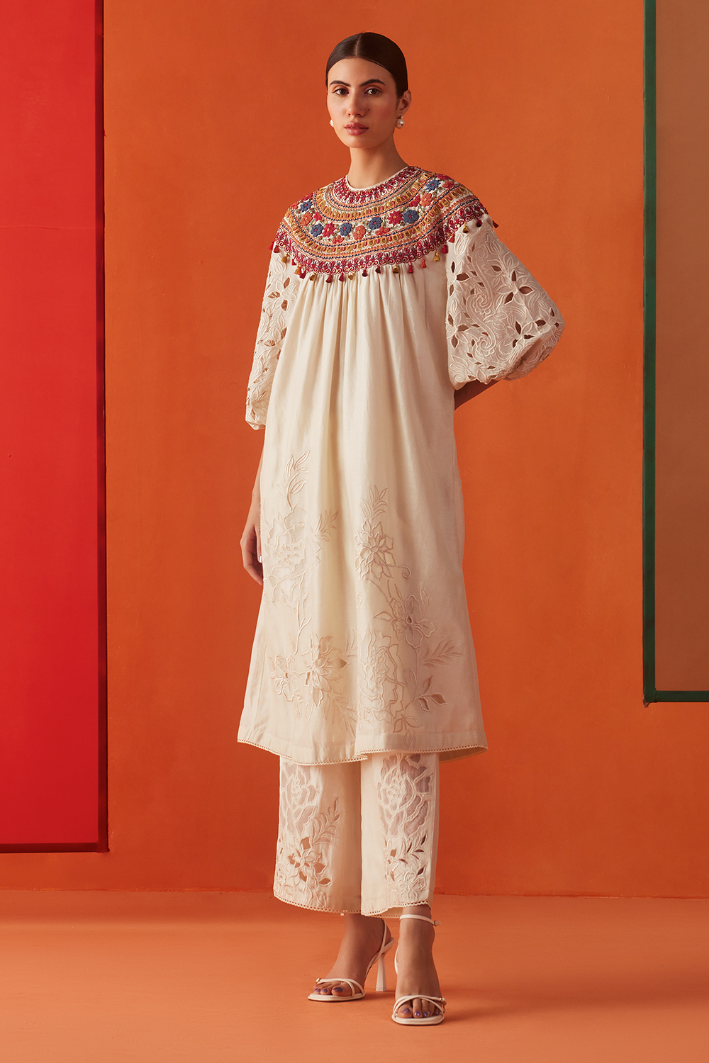 Ivory Embroidered Yoke Detail Kurta With Sheer Cutwork Pants