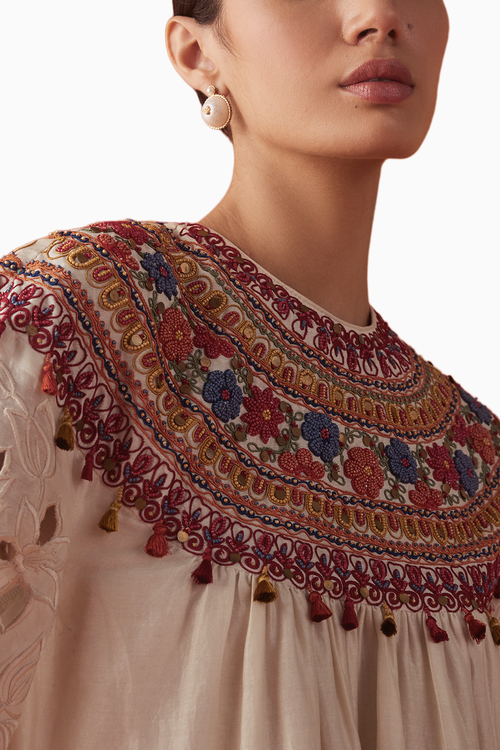 Ivory Embroidered Yoke Detail Kurta With Sheer Cutwork Pants