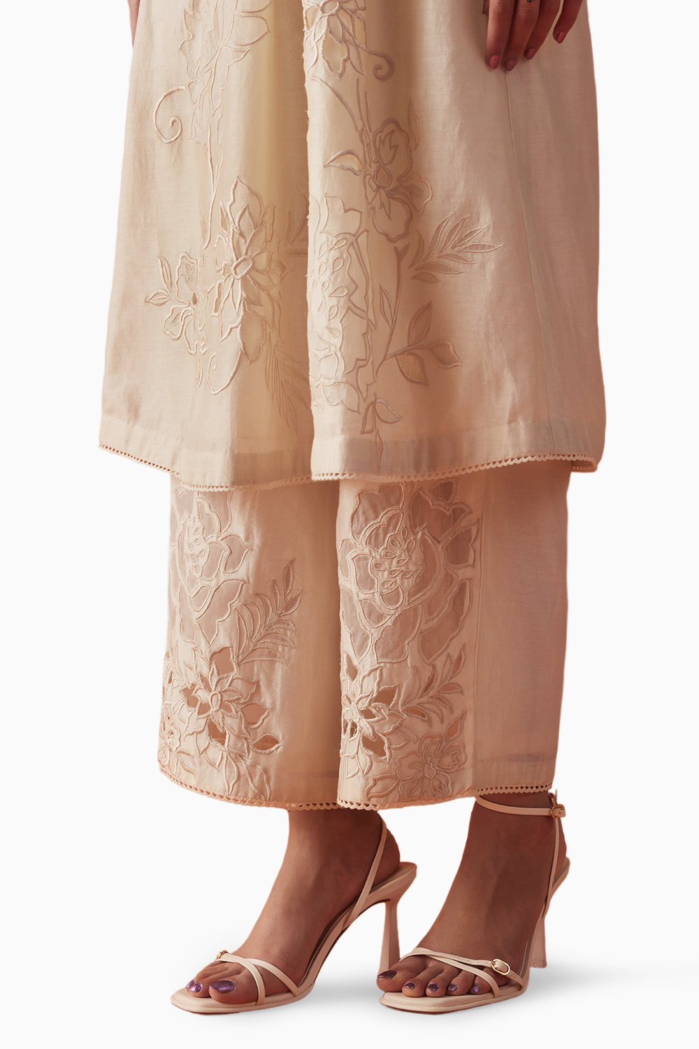 Ivory Embroidered Yoke Detail Kurta With Sheer Cutwork Pants