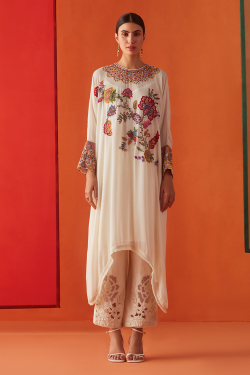 Ivory Threadwork Kimono Kurta With Sheer Cutwork Pants