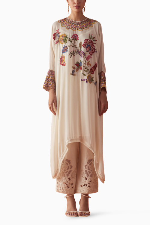 Ivory Threadwork Kimono Kurta With Sheer Cutwork Pants