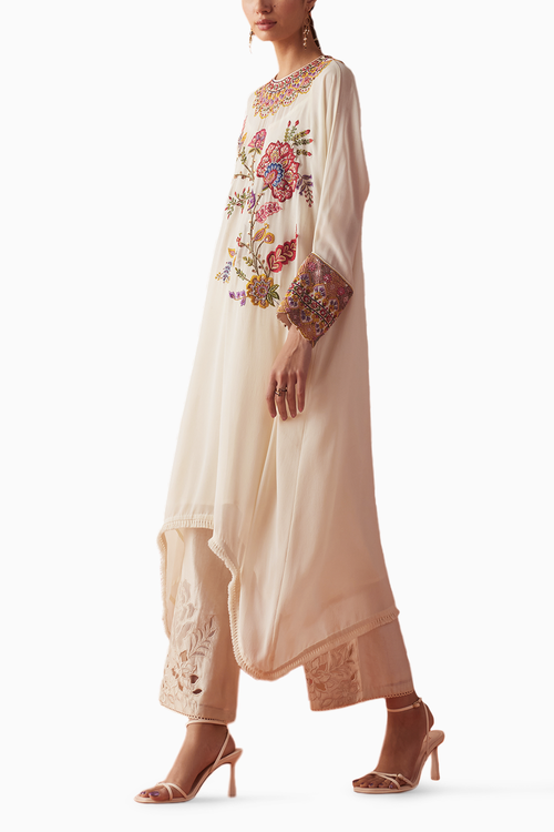 Ivory Threadwork Kimono Kurta With Sheer Cutwork Pants
