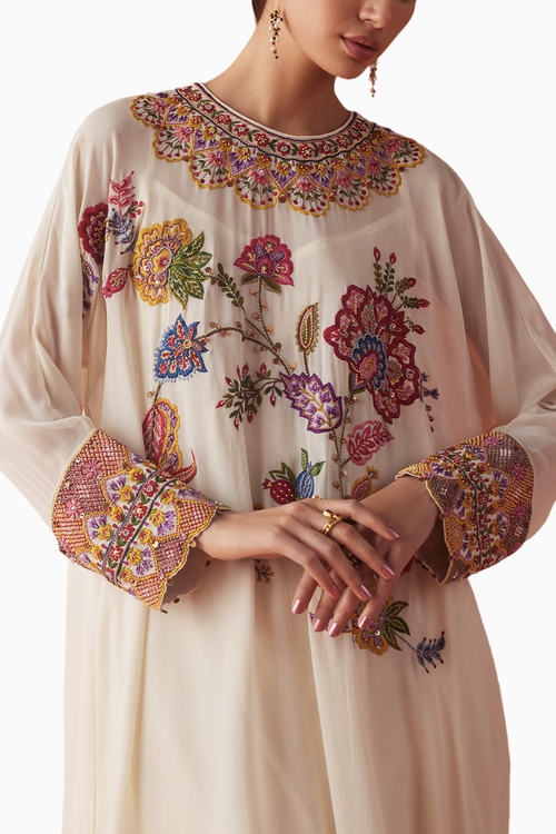 Ivory Threadwork Kimono Kurta With Sheer Cutwork Pants