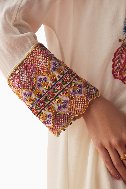Ivory Threadwork Kimono Kurta With Sheer Cutwork Pants