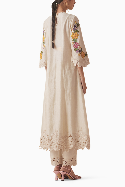 Ivory Applique Cutwork Kurta With Pants and Dupatta