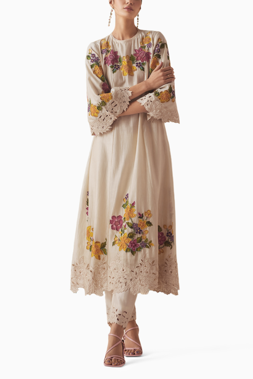 Ivory Applique Cutwork Kurta With Cutwork Pants