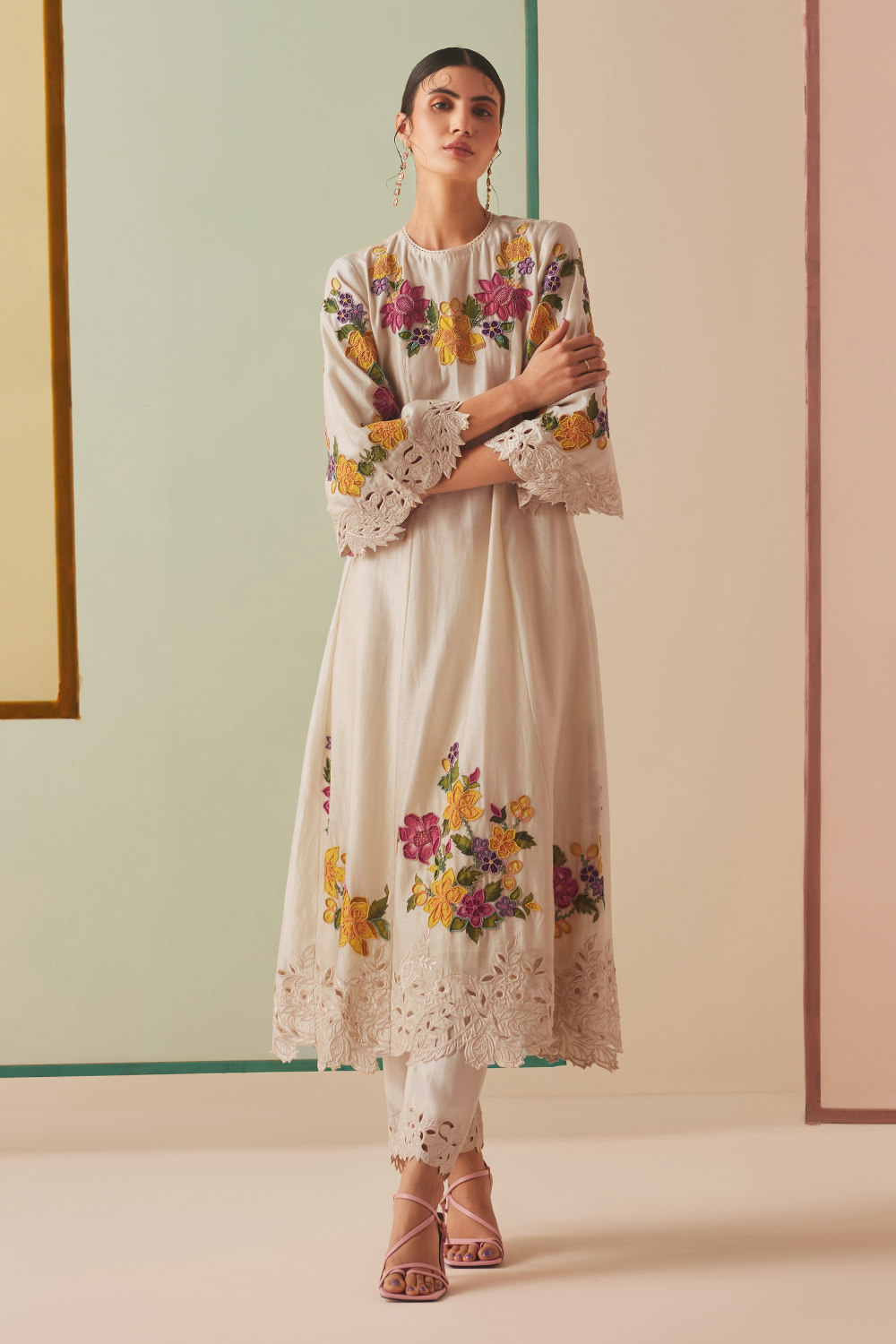 Ivory Applique Cutwork Kurta With Cutwork Pants