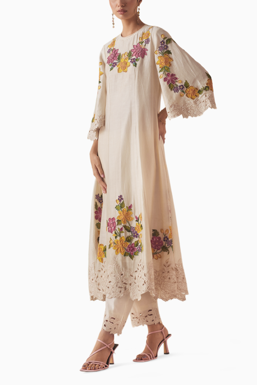 Ivory Applique Cutwork Kurta With Cutwork Pants