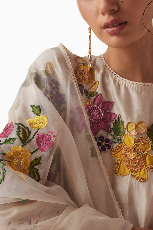 Ivory Applique Cutwork Kurta With Pants and Dupatta