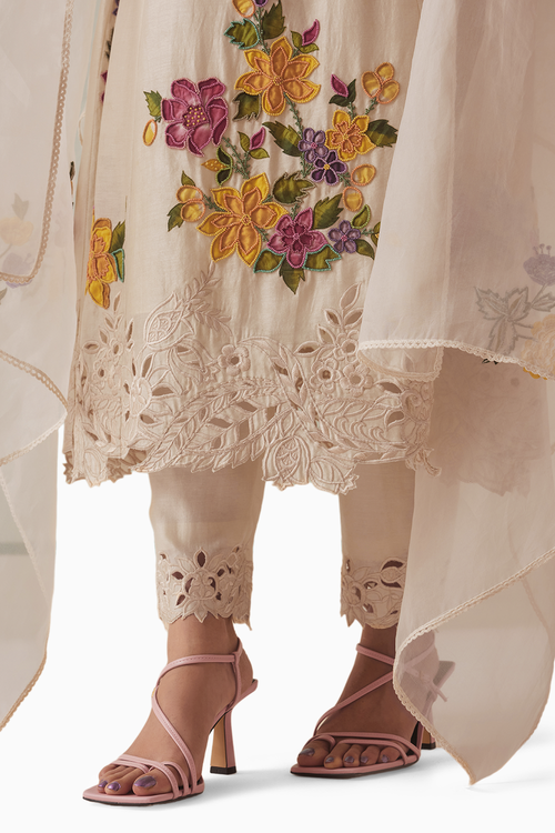 Ivory Applique Cutwork Kurta With Pants and Dupatta
