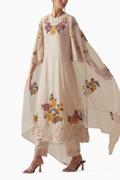 Ivory Applique Cutwork Kurta With Pants and Dupatta