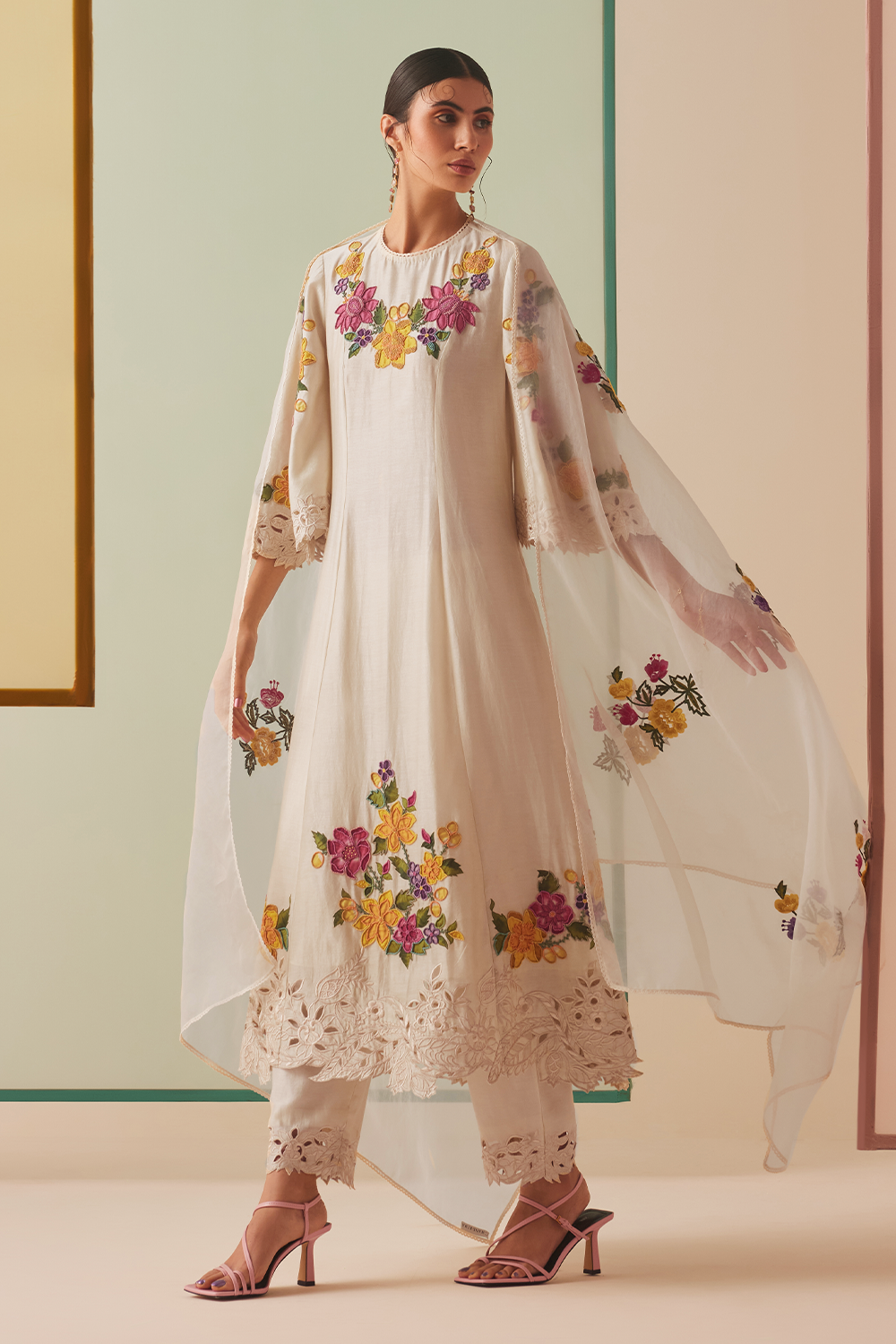 Ivory Applique Cutwork Kurta With Pants and Dupatta