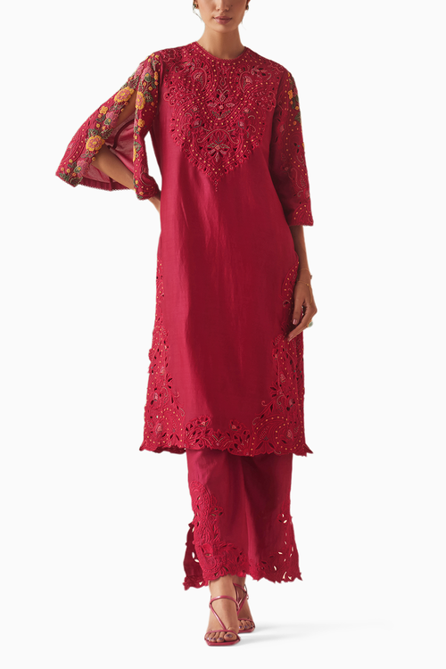 Fuchsia Cutwork Kurta With Straight Pants and Dupatta