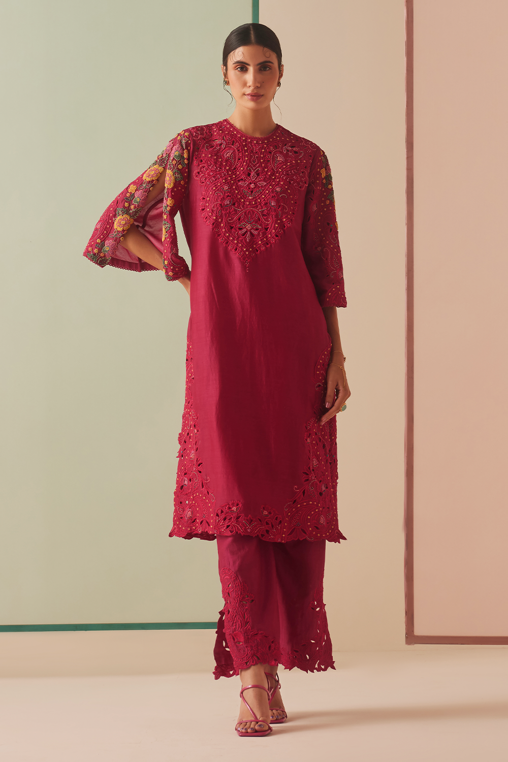 Fuchsia Cutwork Kurta With Straight Pants