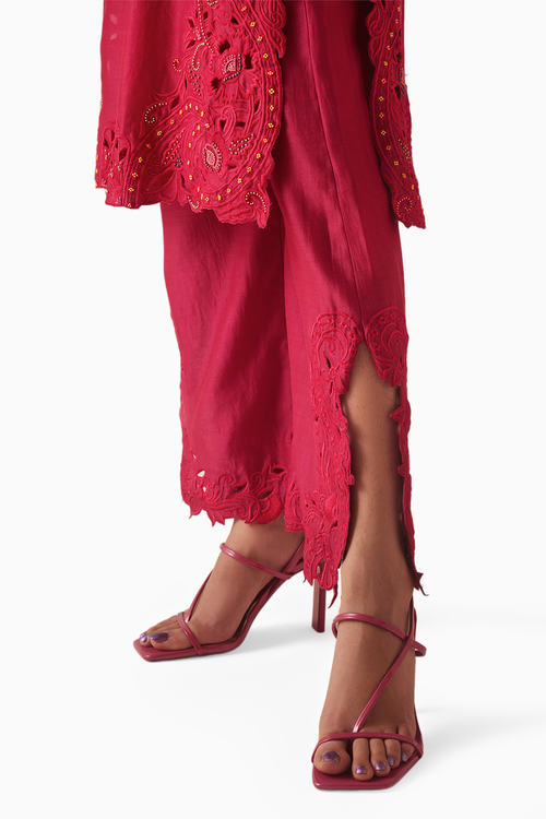 Fuchsia Cutwork Kurta With Straight Pants and Dupatta