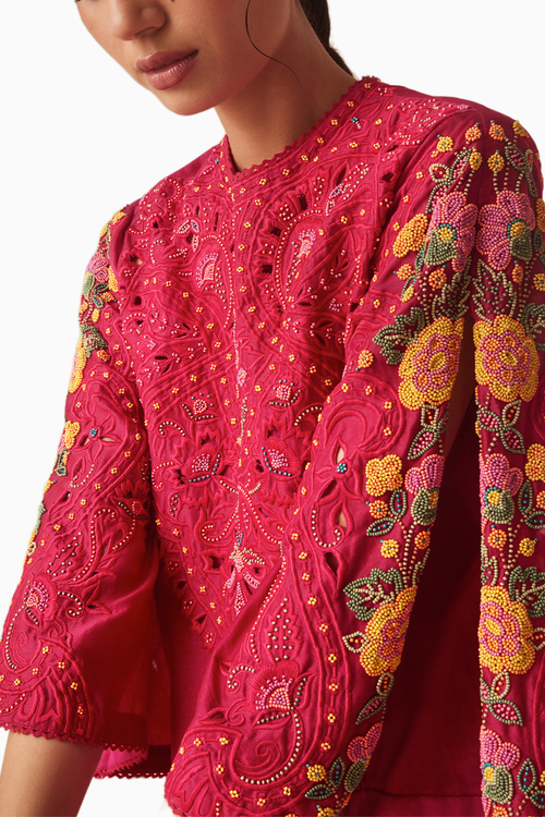 Fuchsia Cutwork Kurta With Straight Pants