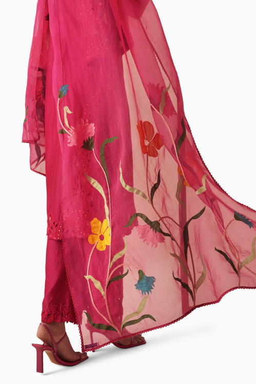Fuchsia Cutwork Kurta With Straight Pants and Dupatta