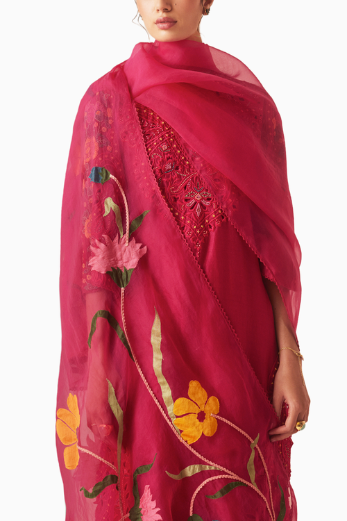 Fuchsia Cutwork Kurta With Straight Pants and Dupatta