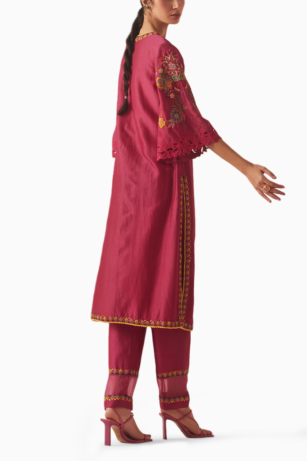 Fuchsia Embroidered Kurta With Organza Detail Pants