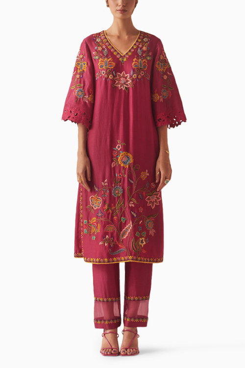 Fuchsia Embroidered Kurta With Organza Detail Pants