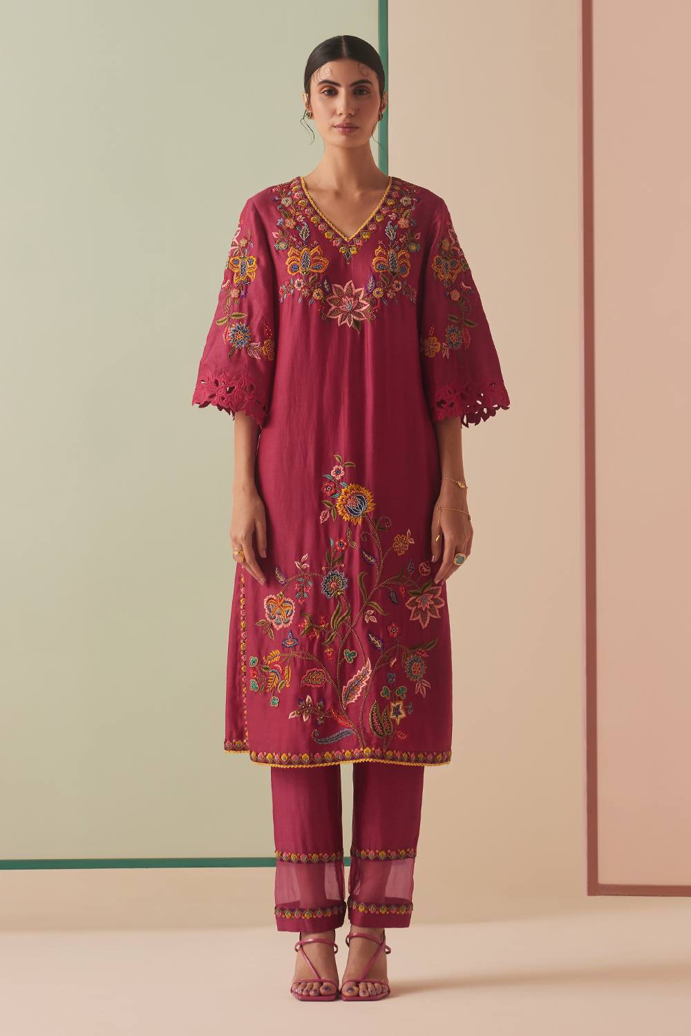 Fuchsia Embroidered Kurta With Organza Detail Pants