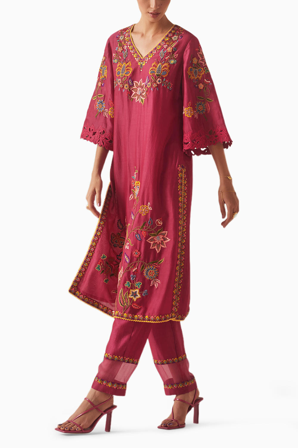 Fuchsia Embroidered Kurta With Organza Detail Pants