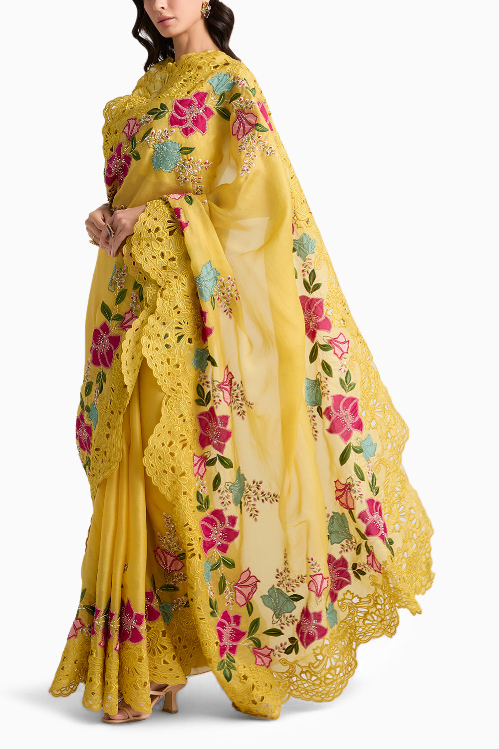 Yellow Floral Appliqué and Cutwork Sari