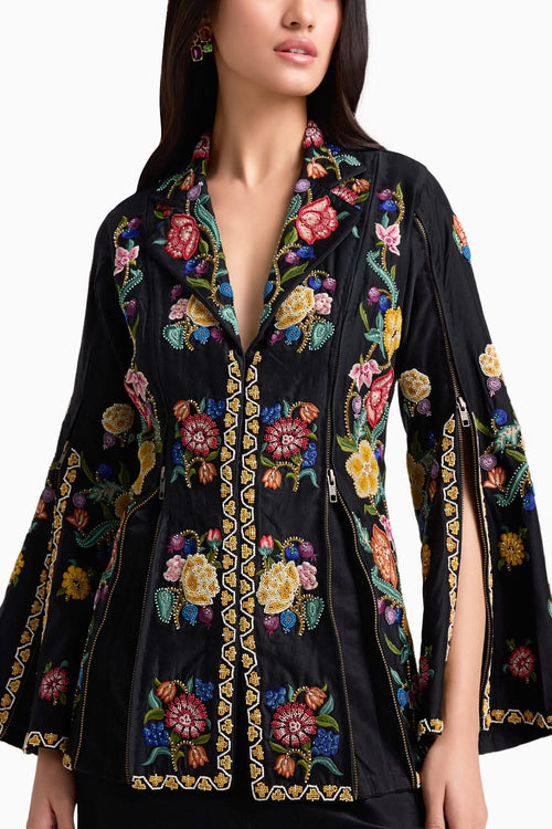 Black Floral Zipper Jacket