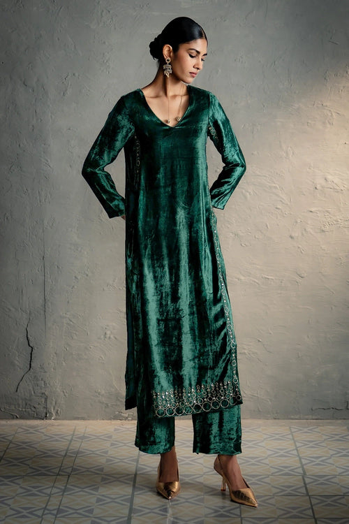 Velvet Green Kurta Set