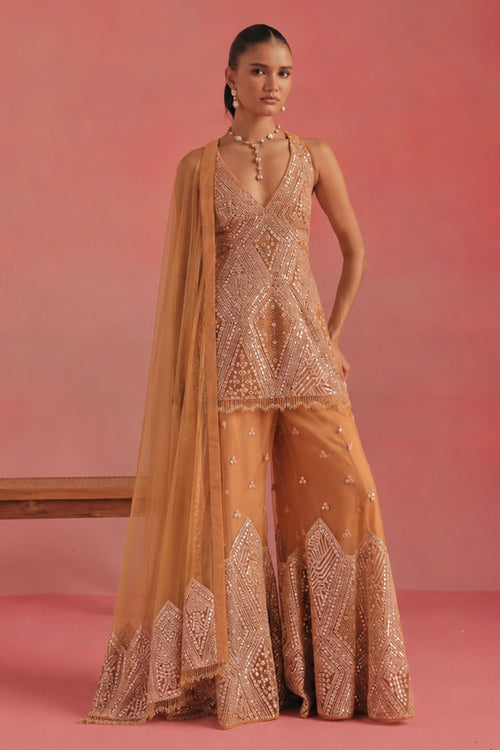 Apricot Glow Mirrorwork Peplum Set
