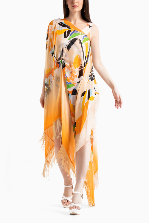 Chrome Corn Husk Body Suit with Fringe Cape