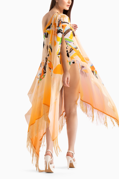 Chrome Corn Husk Body Suit with Fringe Cape