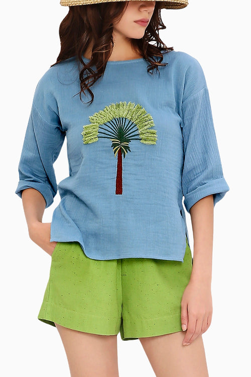 Coco Blue Embroidered Top & Green Shorts Set