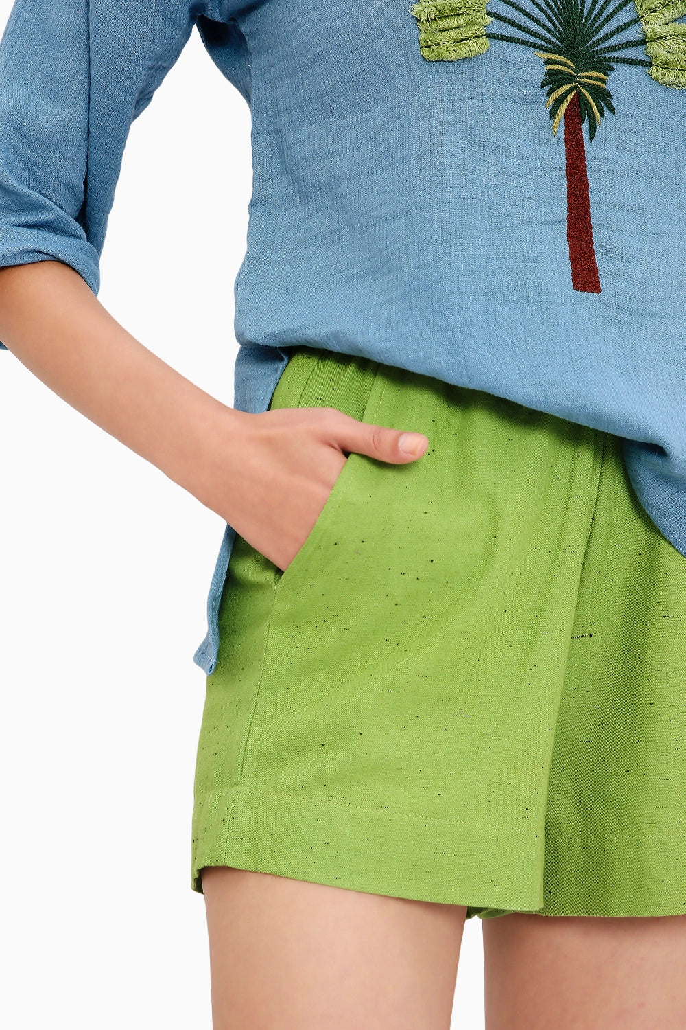 Coco Blue Embroidered Top & Green Shorts Set