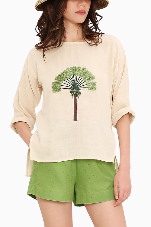 Coco Cream Embroidered Top & Green Shorts Set