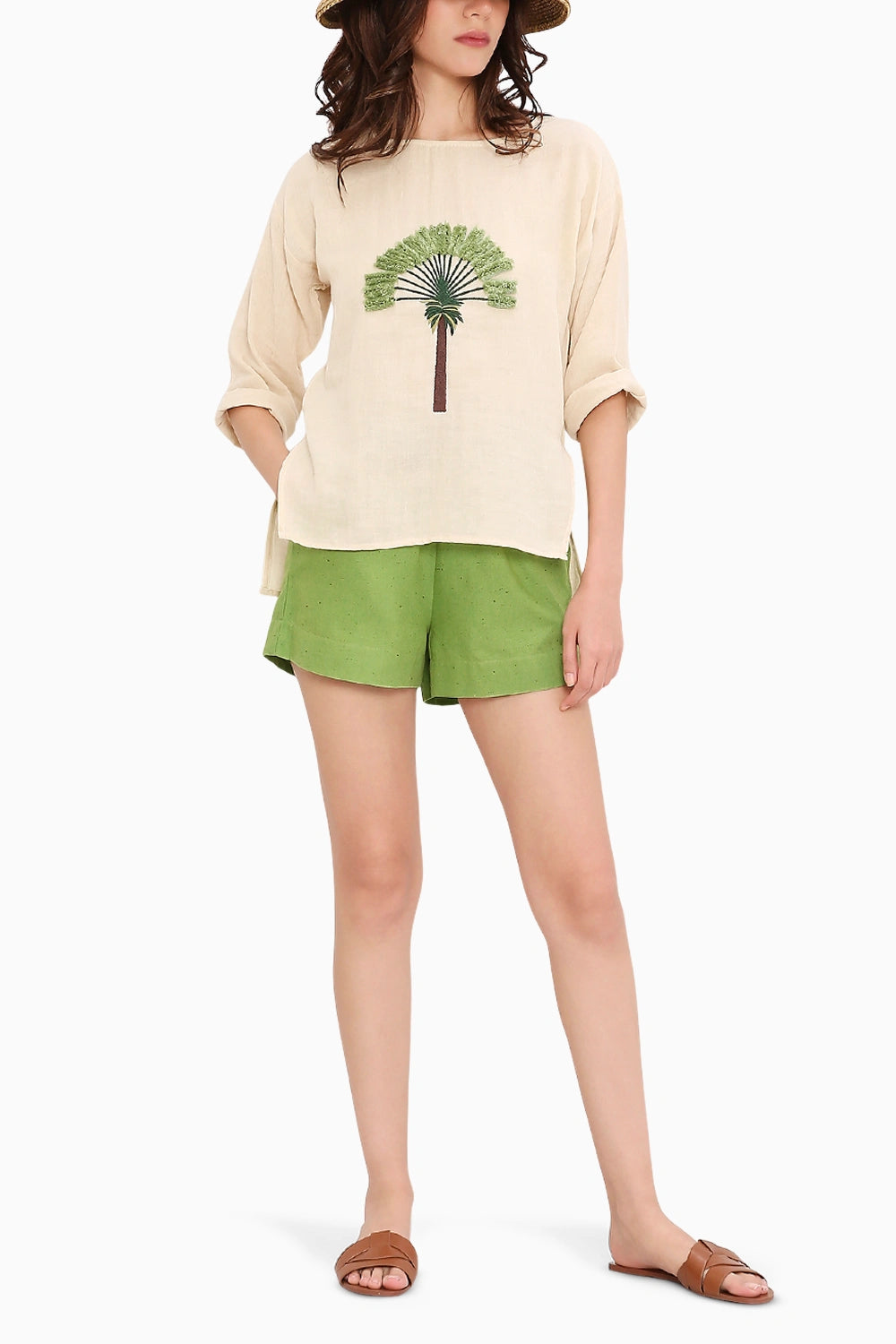 Coco Cream Embroidered Top & Green Shorts Set