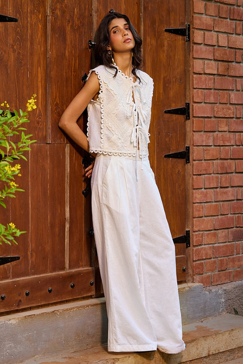 Ivory Lace Cropped Jacket And  Pants Set