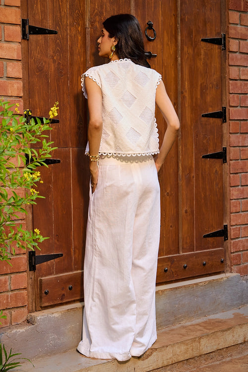 Ivory Lace Cropped Jacket And  Pants Set