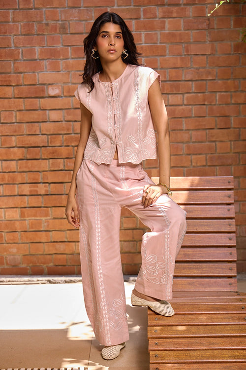 Blush Embroidered Cropped Jacket And Pants Set